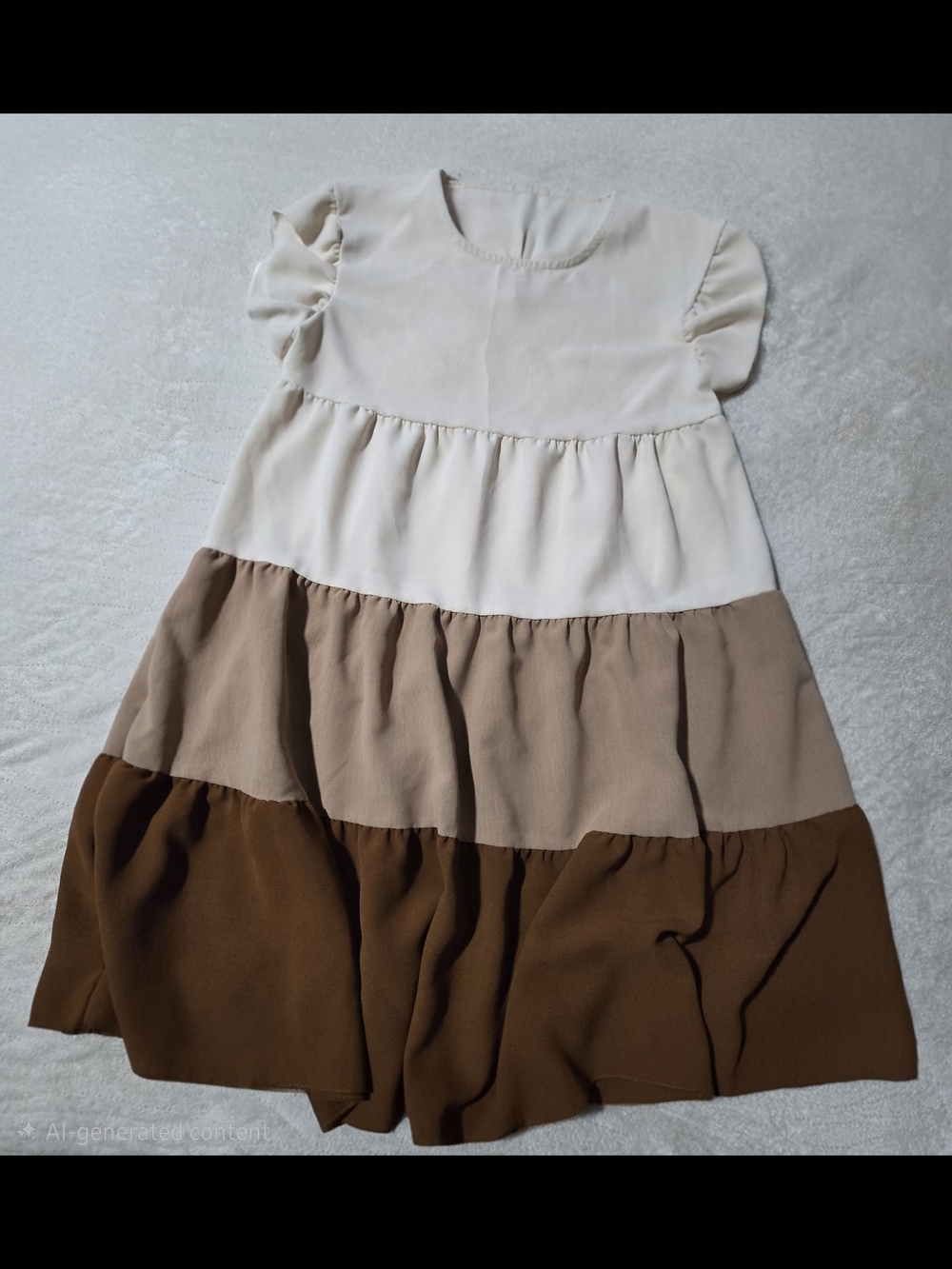 Girls Colorblock Tiered Dress in Cream and Brown